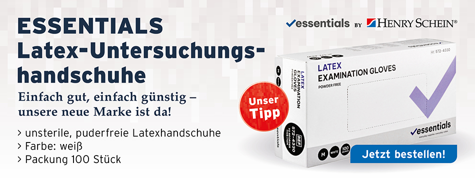 ESSENTIALS Latex-Untersuchungshandschuhe, Henry Schein, Einfach gut, einfach guenstig - unsere neue Marke ist da! unsterile, puderfreie Latexhandschuhe, Farbe: weiß, Packung 100 Stueck